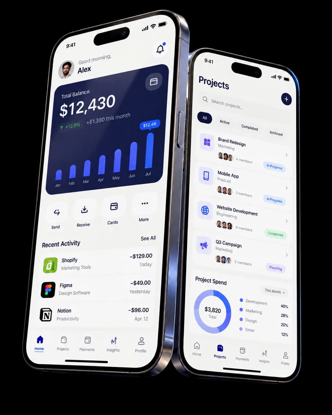 Sort Digital mobile product designs — a fintech dashboard and a project management app